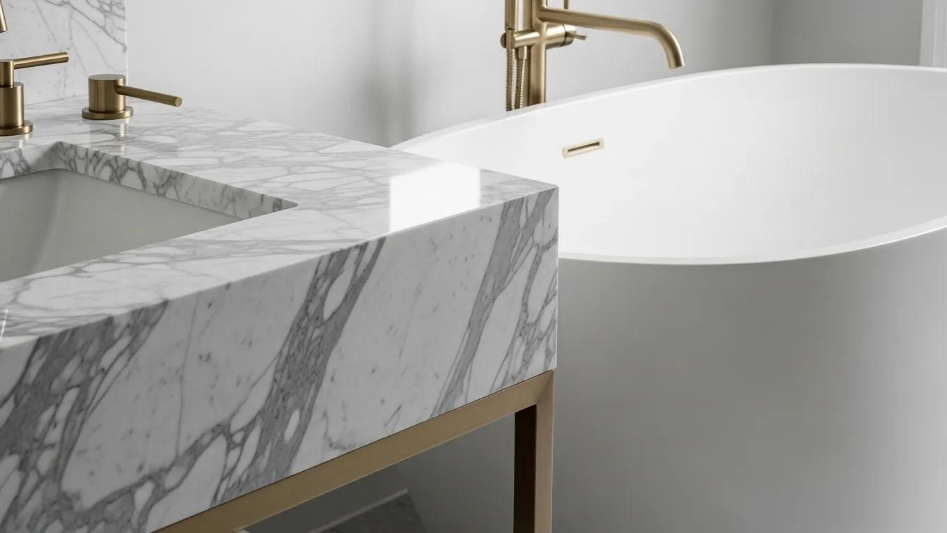 Close-up of premium marble countertop and freestanding tub in luxury bathroom