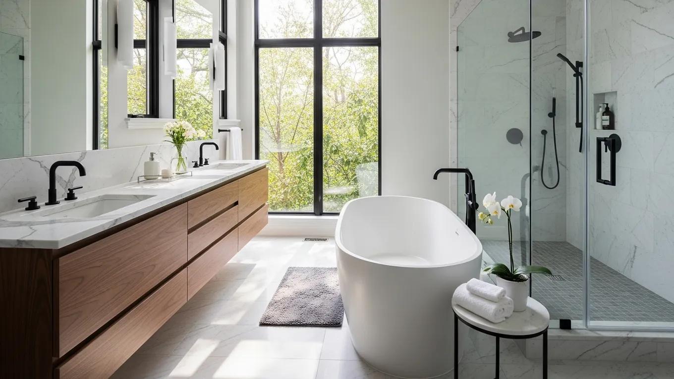 Luxurious modern bathroom with freestanding tub and marble countertops