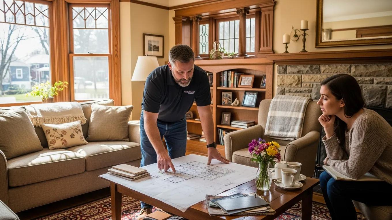 Contractor consulting with homeowner about remodeling plans in a cozy Ohio living room