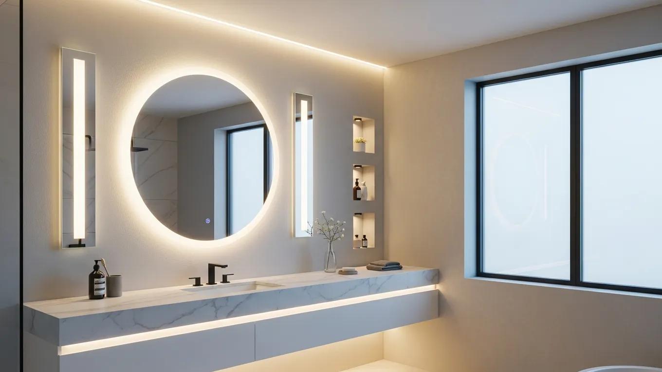 Modern bathroom lighting innovations with energy-efficient LEDs and smart controls, enhancing functionality