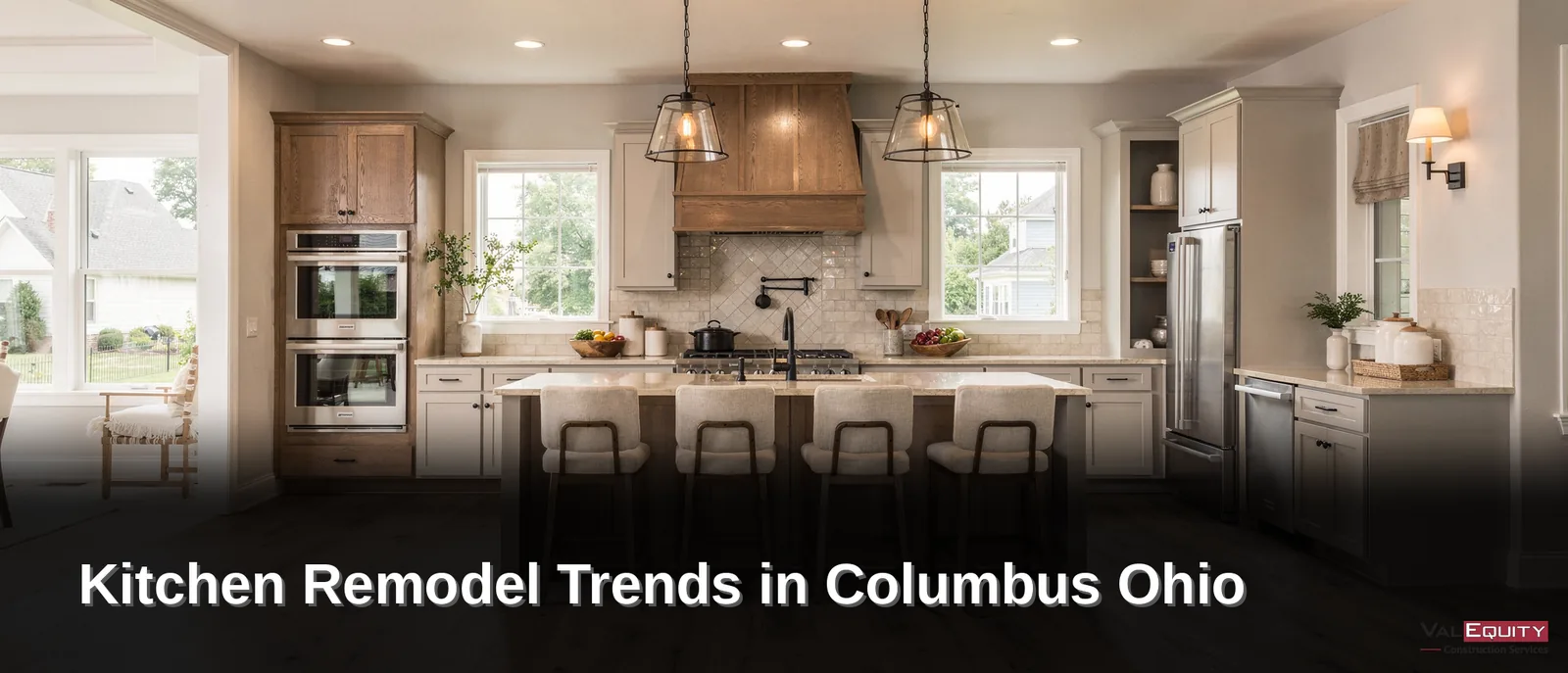 Columbus homeowners are embracing warm earth tones and natural materials in kitchen design.; Open layouts